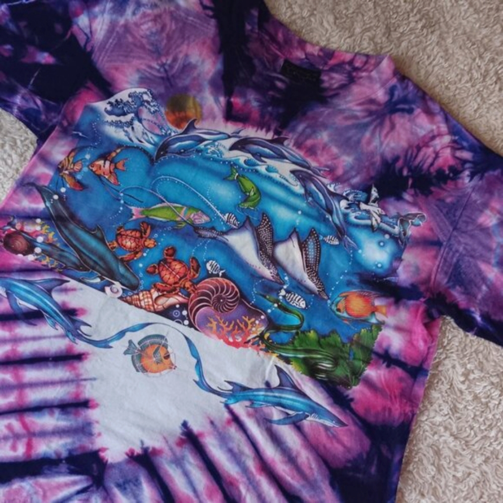Vintage Lisa Chapman Purple Tie Dye Ocean T Shirt XL Dolphin Mermaid Sea Turtle